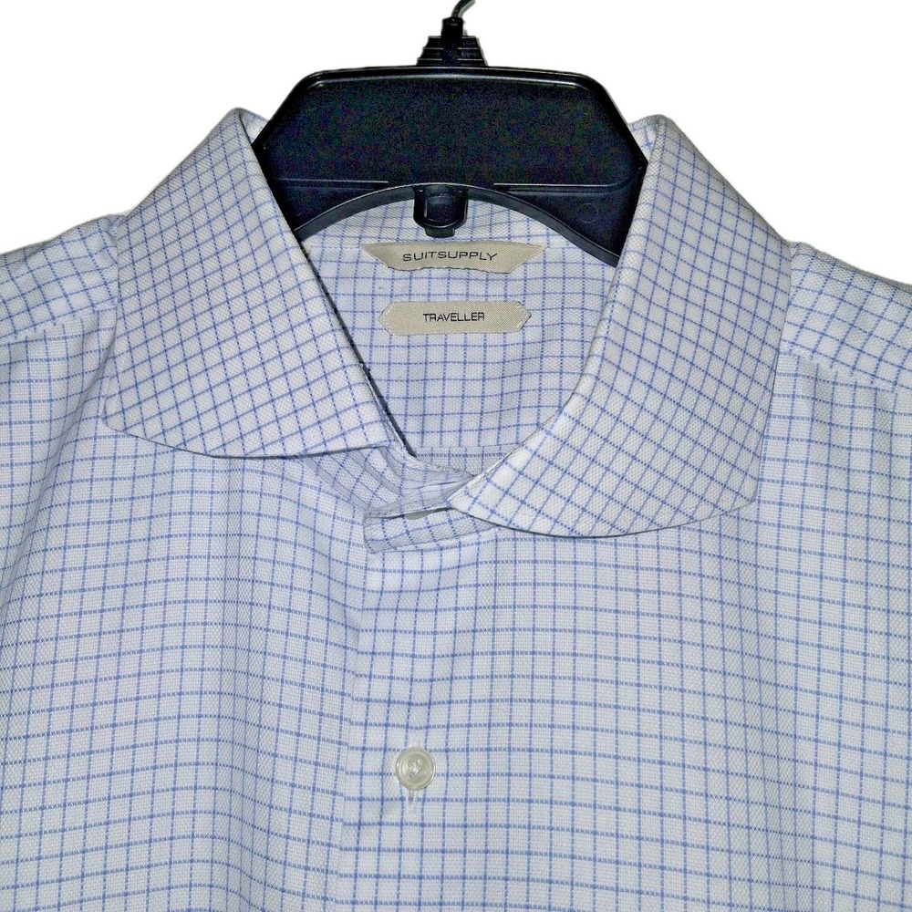 Suitsupply Traveller Men Size 17 1/4- 45  Blue Check Cotton Slim Fit Dress Shirt